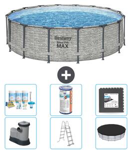 Piscina Bestway Round Steel Pro MAX - stampa su pietra - 488 x 122 cm - inclusa pompa - scala - copertura pacchetto manutenzione - filtro - pavimento in piastrelle