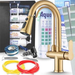Rubinetto da cucina Ari a 3 vie con valvola in Vetroceramica estraibile, oro satinato