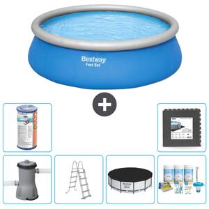 Piscina gonfiabile rotonda Bestway ad ambientazione rapida - 457 x 122 cm - blu - pompa inclusa - copertura a scaletta - pacchetto manutenzione - filtro - piastrelle per il pavimento