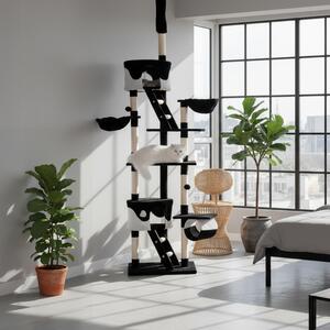 Belviona XXL tiragraffi con tenditore a soffitto, perfetto per il gioco e la cura degli artigli, altezza 230-250 cm, nero/bianco