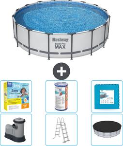 Piscina Bestway Round Steel Pro MAX - 488 x 122 cm - grigio - inclusa pompa - scala - pacchetto manutenzione copertura - filtro - piastrelle per il pavimento