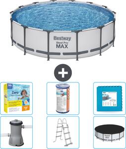 Piscina Bestway Round Steel Pro MAX - 427 x 107 cm - grigio - inclusa pompa - scala - pacchetto manutenzione copertura - filtro - piastrelle per il pavimento