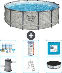 Piscina Bestway Round Steel Pro MAX - stampa su pietra - 427 x 122 cm - inclusa pompa - scala - copertura pacchetto manutenzione - filtro - pavimento in piastrelle