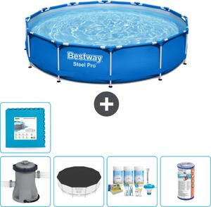 Piscina Bestway Round Steel Pro - 366 x 76 cm - blu - inclusa copertura della pompa - pacchetto manutenzione - filtro - piastrelle per il pavimento