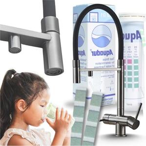 Rubinetto da cucina a 3 vie Ari HighFlex con doccetta estraibile e canna girevole 360 gradi, per filtro acqua, grafite antracite