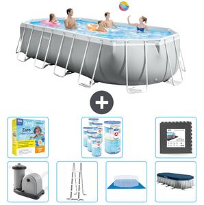 Piscina Intex Oval Prism Frame - 610 x 305 x 122 cm - Grigio - inclusa pompa - scaletta - telo di fondo - pacchetto di manutenzione della copertura - filtro - piastrelle per il pavimento