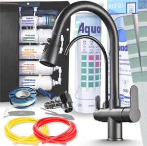 Miscelatore da cucina Ari Nordic a 3 vie, color grafite, con doccetta estraibile e sistema di filtraggio dell'acqua a 5 stadi; filtro per acqua potabile da incasso