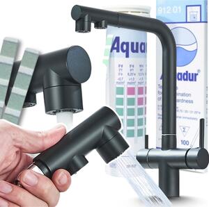 Rubinetto da cucina a 3 vie Ari Venom 2 con doccetta estraibile, collegamento filtro acqua, beccuccio girevole 360 gradi, nero opaco