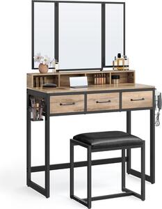 VASAGLE, tavolino da toilette con sgabello imbottito, tavolino da toilette con triplo specchio, 3 cassetti, porta asciugacapelli, tavolino per cosmetici, stile industriale, rovere marrone-