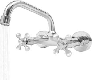Rubinetto da cucina - Montaggio a parete Miscelatore a due maniglie - Bocca girevole - Acqua calda e fredda - Corpo in ottone - Cartuccia in Vetroceramica - Finitura cromata - Argento