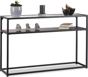 Tavolino da salotto Relaxdays in vetro, piano trasparente, struttura in metallo, ripiano, 4 gambe, A x L x P: 70,5 x 110 x 30 cm, nero