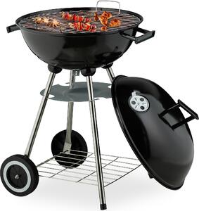 Barbecue a sfera Relaxdays, Ø 44 cm, griglia, barbecue a sfera con vaschetta raccogli cenere, barbecue a carbonella con ruote, barbecue, nero