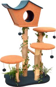 Tiragraffi Fudajo con decorazione vegetale 135 cm, tiragraffi per gatti con pelliccia di orsetto e legno di pero, casetta per gatti con palline da gioco, mobili per gatti con piattaforme