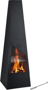 Camino da giardino Relaxdays con funzione barbecue, dimensioni: 149x44,5x44,5 cm, parascintille, cassetto raccogli cenere e attizzatoio, camino, nero