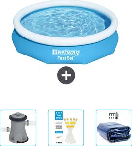 Piscina gonfiabile rotonda Bestway Fast-Set - 305 x 66 cm - blu - include pompa - strisce di prova - vela parasole