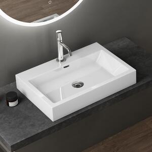 Doporro Lavabo da Appoggio Rettangolare, Lavabo Bagno Sospeso con Foro Rubinetto e Troppopieno, Lavandino in Marmo Resina Bianco Lucido 60x42x10cm, Colossum06