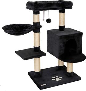 Tiragraffi lionto 93 cm con grotta, abbeveratoio, palla da gioco e paletti in sisal, albero per gatti compatto, nero