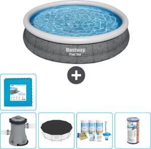 Bestway piscina gonfiabile rotonda ad ambientazione rapida - stampa rattan - 366 x 76 cm - inclusa copertura della pompa - pacchetto manutenzione - filtro - piastrelle per il pavimento