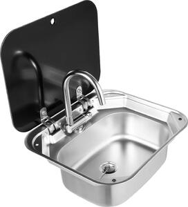 Lavello per camper/roulotte - Lavello compatto - 31×21×10 cm - Acciaio inox 304 - Con rubinetto - Spessore parete 4 mm - Tubo di scarico 77,5 cm - Argento