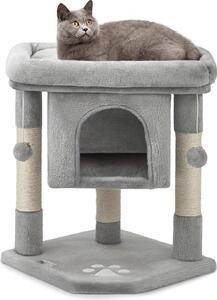 Tiragraffi lionto per gatti 60 cm, con grotta di coccole, palline di peluche e robusti paletti in sisal, salvaspazio e moderno, grigio chiaro