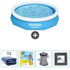 Piscina gonfiabile rotonda Bestway ad ambientazione rapida - 305 x 66 cm - blu - include tenda da sole - pacchetto manutenzione - pompa - pavimento in piastrelle