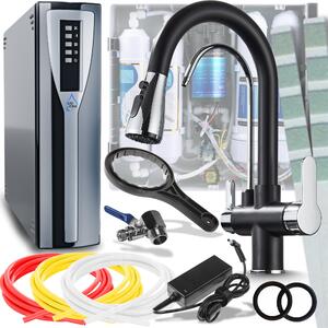 Miscelatore da cucina Ari Nordic a 3 vie, nero cromato, estraibile a 360°, con filtro per acqua a osmosi inversa RO e sistema di nanofiltrazione da incasso sottobanco