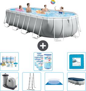 Piscina Intex Oval Prism Frame - 610 x 305 x 122 cm - Grigio - inclusa pompa - scaletta - telo di fondo - pacchetto di manutenzione della copertura - filtro - piastrelle per il pavimento