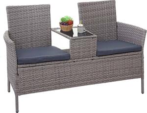 Panca in poly-rattan con tavolo HWC-E24, panca da giardino gruppo di seduta divano da giardino, 132cm ~ grigio, cuscini grigio scuro
