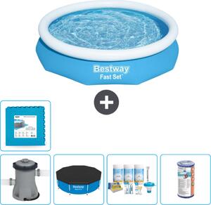 Bestway piscina gonfiabile rotonda ad ambientazione rapida - 305 x 66 cm - blu - inclusa copertura della pompa - pacchetto manutenzione - filtro - piastrelle per il pavimento