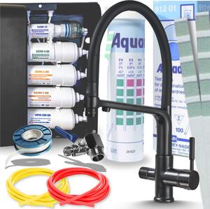 Miscelatore da cucina Ari Flexible a 3 vie, nero opaco, estraibile, con sistema di filtraggio dell'acqua a 5 stadi e filtro per acqua potabile da incasso