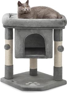 Tiragraffi lionto per gatti 60 cm, con grotta di coccole, palline di peluche e robusti paletti in sisal, salvaspazio e moderno, grigio scuro
