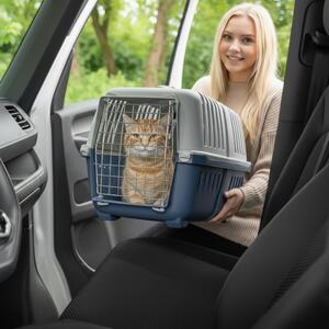 Cassetta di trasporto belviona per gatti, in plastica dura con porta e apertura in metallo, 58,5x35,5x40 cm, blu royal