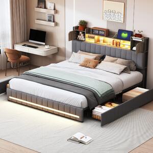 Letto imbottito Fortuna Lai 140x200 cm con contenitore, meccanismo a gas a pressione, illuminazione LED su testiera e pediera, standard europeo, rivestimento in lino