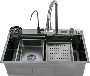 Lavello da cucina - Doppia vasca digitale - 76x46 cm - Rubinetto con erogatore a cascata e display - Miscelatore estraibile - Montaggio a incasso - Acciaio inossidabile lucido