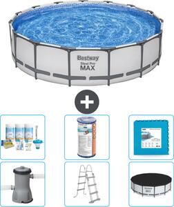 Piscina Bestway Round Steel Pro MAX - 457 x 107 cm - grigio - inclusa pompa - scala - pacchetto manutenzione copertura - filtro - piastrelle per il pavimento