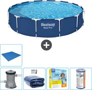 Piscina Bestway Round Steel Pro - 396 x 84 cm - blu - inclusa pompa - tenda - pacchetto manutenzione - filtro - telo di fondo