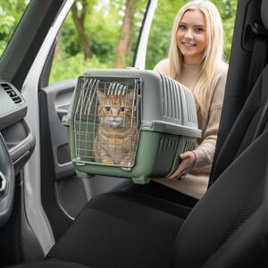 Cassetta di trasporto belviona per gatti, in plastica dura con porta e apertura in metallo, 58,5x35,5x40 cm, verde mela