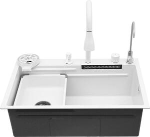 Lavello da cucina, effetto fonoassorbente, rubinetto estraibile, BIANCO