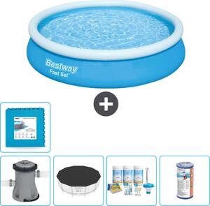 Bestway piscina gonfiabile rotonda ad ambientazione rapida - 366 x 76 cm - blu - inclusa copertura della pompa - pacchetto manutenzione - filtro - piastrelle per il pavimento