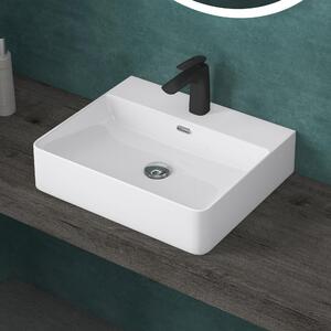 Doporro Lavabo da Appoggio Lavandino Sospeso Bagno Rettangolare 50 cm in Vetroceramica Bianco Lucido con Foro per Rubinetto e Troppopieno - Meissen201