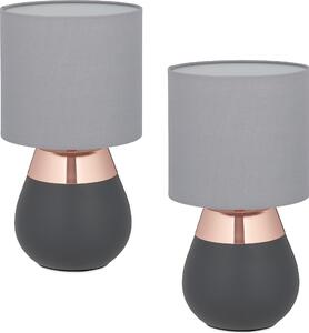Lampada da tavolo Relaxdays, set da 2, base in metallo, paralume in tessuto, E14, A x P: 32 x 18 cm, lampada da comodino con cavo, grigio/rame