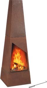 Camino da giardino Relaxdays in acciaio Corten, cassetto raccogli cenere, griglia e attizzatoio, stufa da terrazza in acciaio patinato, dimensioni: 149x45x45 cm, marrone