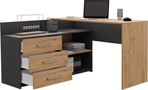 Scrivania angolare BDW, 3 cassetti 2 ripiani, antracite / rovere artigianale, 120x7x50 cm