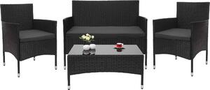 Set in polyrattan MCW-F55, set da balcone/giardino/lounge con divano e sedute ~ nero, cuscini grigio scuro