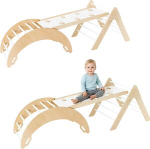 Arco di arrampicata altalena in legno + scivoli bifacciali + triangolo di arrampicata per bambini | parco giochi | giocattoli Montessori | tavola a dondolo