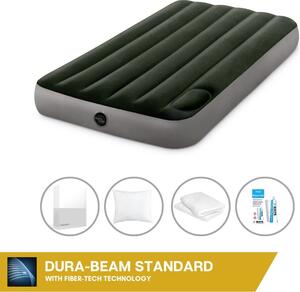 Letto ad aria Intex - 1 persona - 99 x 191 x 25 cm - Verde - Con pompa a pedale incorporata + lenzuolo bianco + cuscino + federe Molton 2 in 1 + set di riparazione