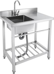 Lavabo freestanding, Con rubinetto, Struttura in acciaio inox, Ampie possibilità di contenimento, Argento