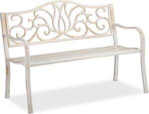 Panchina da giardino Relaxdays in stile antico per 2 persone, per balcone o terrazza, in metallo, dimensioni L 90 x P 127,5 x A 63 cm, acciaio e ghisa, bianco-bronzo