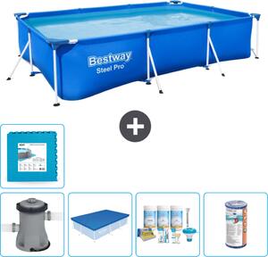Piscina Bestway Pro rettangolare in acciaio - 300 x 201 x 66 cm - blu - inclusa copertura della pompa - pacchetto manutenzione - filtro - piastrelle per il pavimento