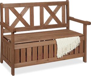 Panchina da giardino Relaxdays, panchina da esterno con vano portaoggetti, 2 posti, L x P x A 85 x 115 x 60 cm, panca con vano portaoggetti e schienale, marrone scuro